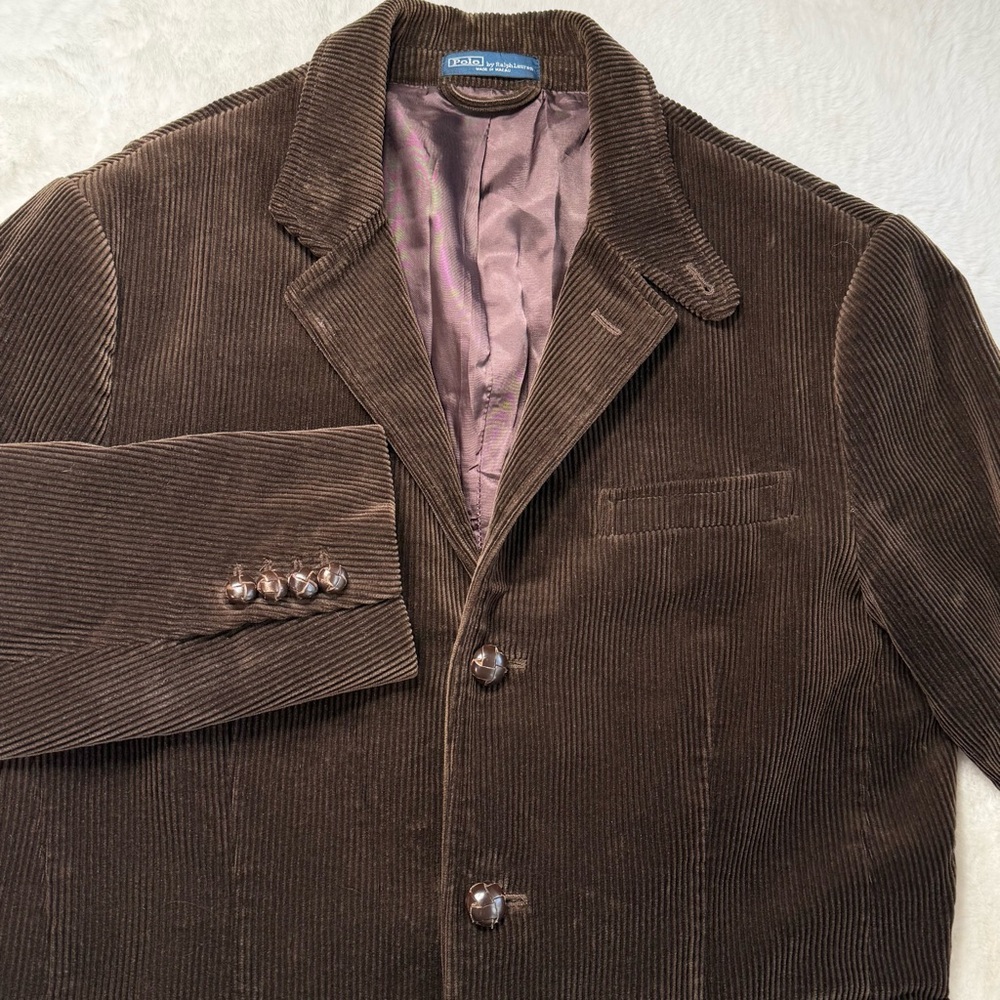 VTG Polo Ralph Lauren Corduroy Blazer 44R Brown Leather Buttn BiSwing Martingale
